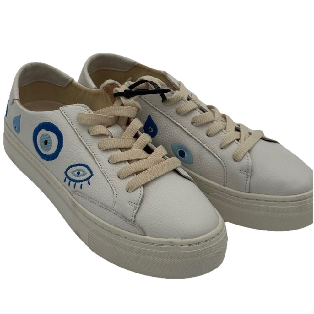 Soludos Ibiza Evil Eye White Leather Platform Sneakers Women's Size 7.5 Y2K